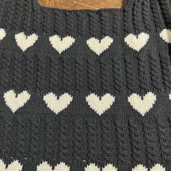 Black Cable Knit Tote Bag Purse w Cream Hearts Fall Season - Picture 4 of 8